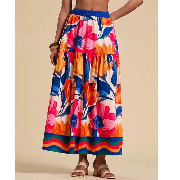 Boho Floral Tropcial Print Stretchy Waist Maxi Skirt - Picture 4 of 7